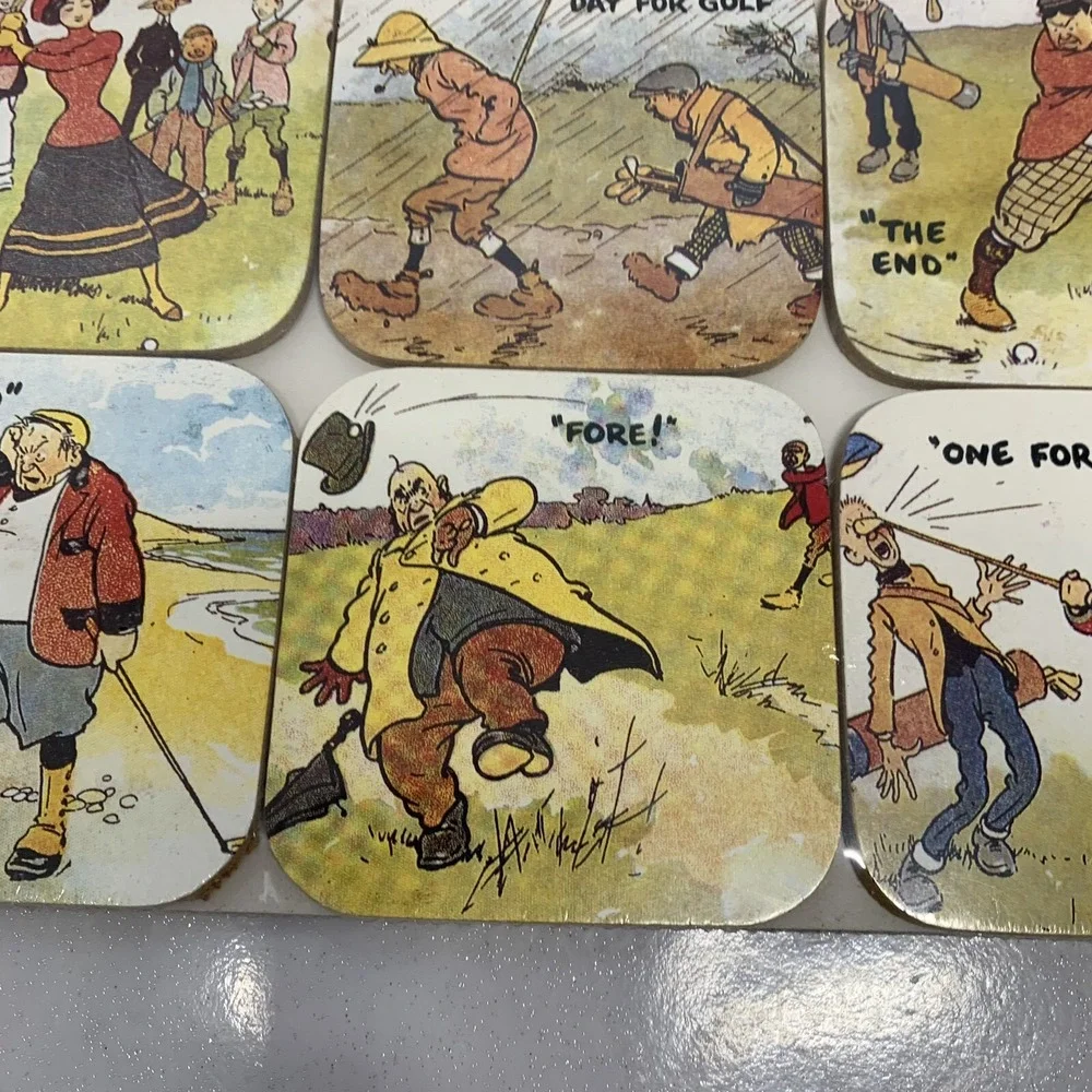 Cartoon Golfing Coasters‎ Tom Browne  Set of 6 Edwardian Scene Novelty  Gift
